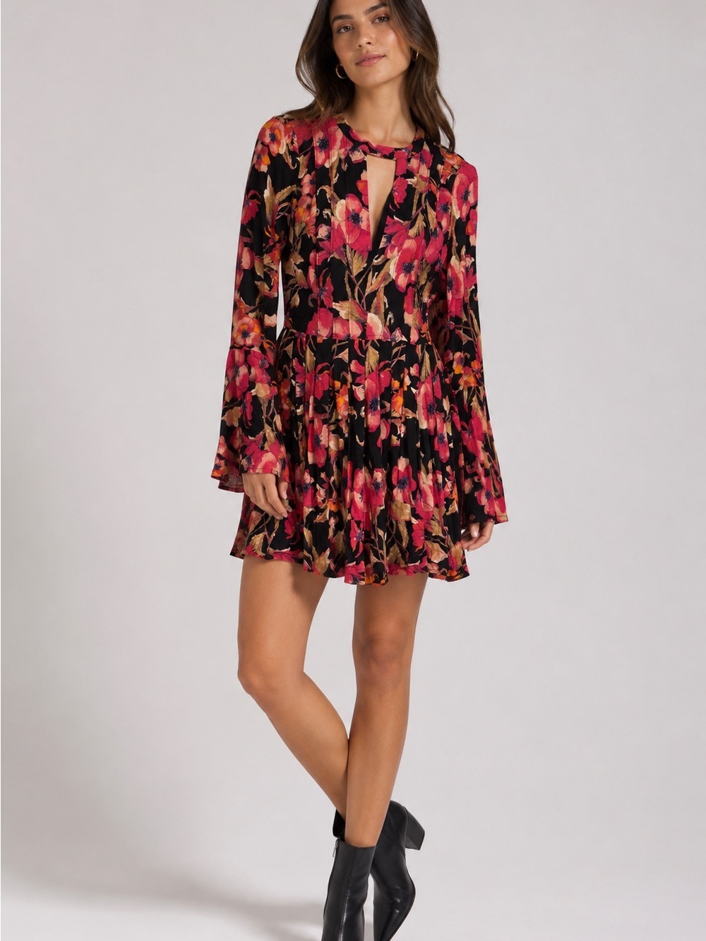 Free People Black Floral Mini Dress Size 2 Long Sleeve Boho Keyhole Fit Flare